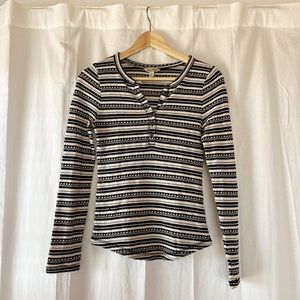 Lucky Brand Long Sleeve Black and Cream Striped Thermal Knit Tee XS